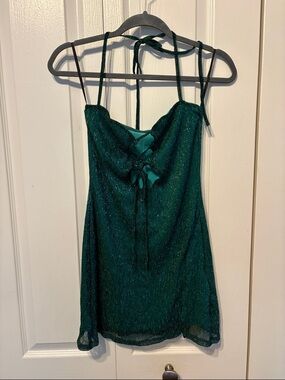 Women's Emerald Green Shimmer Halter Mini Dress